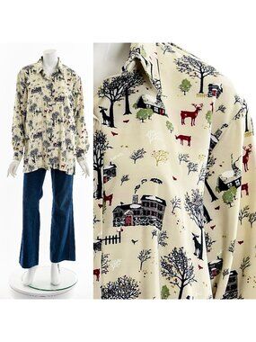 Christmas Scenery Blouse 70s Dress Shirt